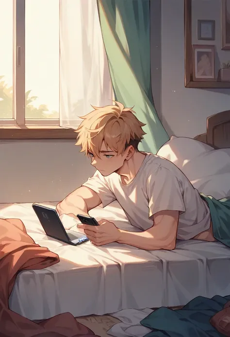 A boy sitting on the bed in his bedroom is playing on the phone while the moon is visible from the window nearby.