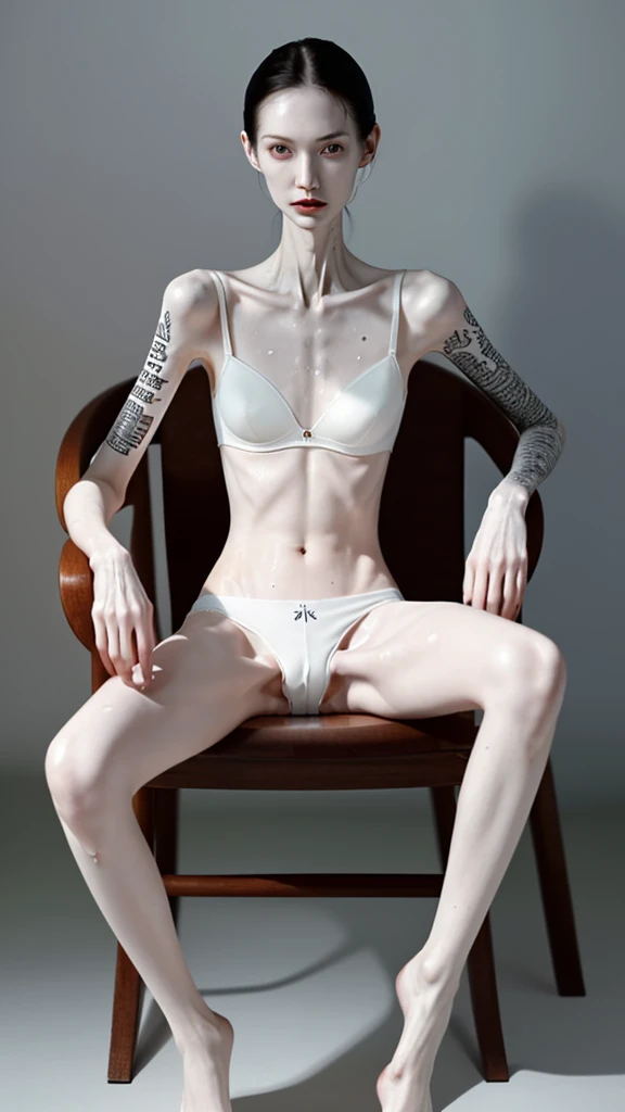 a woman, extremely thin body, visible bones, very slender, sweaty wet body, pale white skin, panties, bra, tattoo, full body, having mental breakdown, sitting on chair , crossed legs