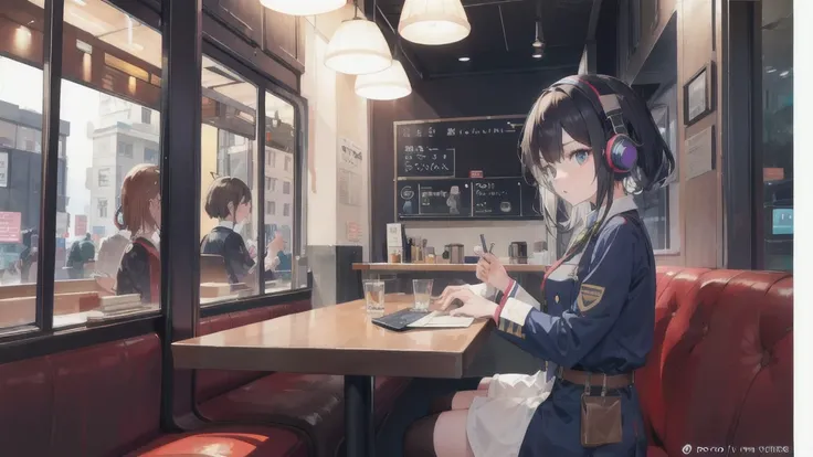 Wearing headphones in a cafe、Girl in uniform