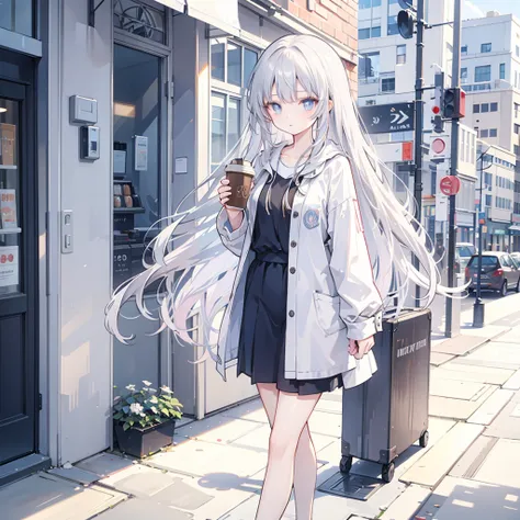 Alisa mikhailovna kujou, 1girl, Long silver hair, blue pupils, Wearing casual clothes, Walking on the sidewalk, holding a coffee cup