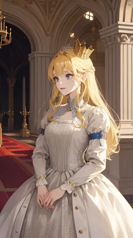 (high quality, sharp focus) 1girl, 2 boy, different hair color, blonde hair girl, royal era, beautiful dress, castle things, crown, cinematic graphic