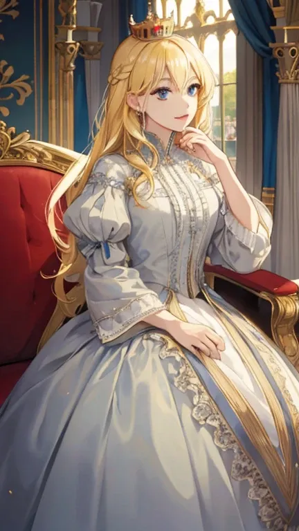 (high quality, sharp focus) 1girl, 2 boy, different hair color, blonde hair girl, royal era, beautiful dress, castle things, crown, cinematic graphic