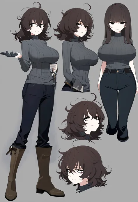 One Woman,Downer,older sister,Concept Art,Dark brown hair,Straight hair with slight inward curls,Staring eyes,Circles in the eyes,black eye,Crossed bangs,whole body,smile,Larger breasts,Gray background,Bangs that reach down to the eyes,Messy hair,Tight dar...