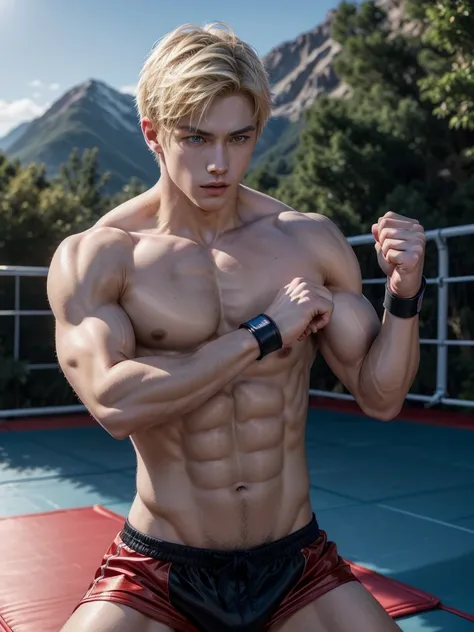 Ken is a young martial arts fighter, handsome, attractive, slender, muscular torso,street fighter , short light blonde low-cut hair, blue eyes, wearing a red martial combat costume with black details against a mat in the blue sky in the mountains