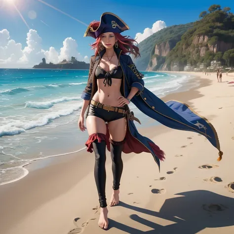 A pirate does full-length fitness on the beach