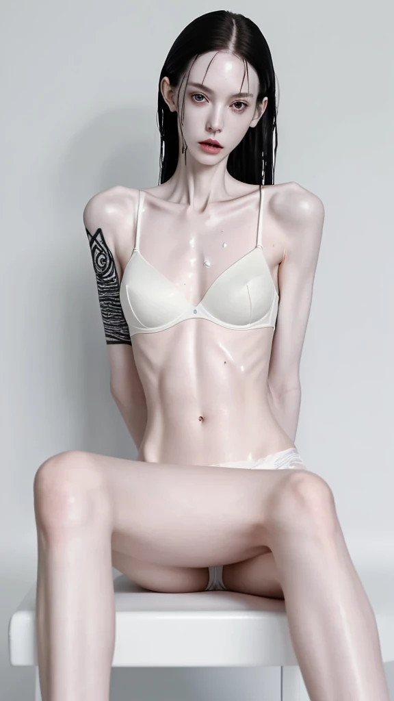 a woman, extremely thin body, visible bones, very slender, sweaty wet body, pale white skin, panties, bra, tattoo, full body, having mental breakdown, sit , crossed legs