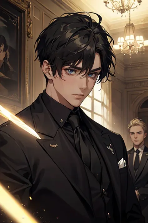 ((One young man with a black suit and tie)), alejandro, (((one side swept dark short neat hair))), ( green eyes and thick eyebrows), ((20 years old)), ((masterpiece)), ((cinematic lighting)), relax look and smirk, waiting for someone