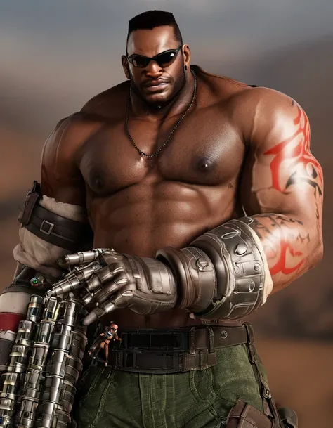 barret, dark skin male with gun arm and tattoo, sunglasses, shirtless , (( micro-Thongs )) ,