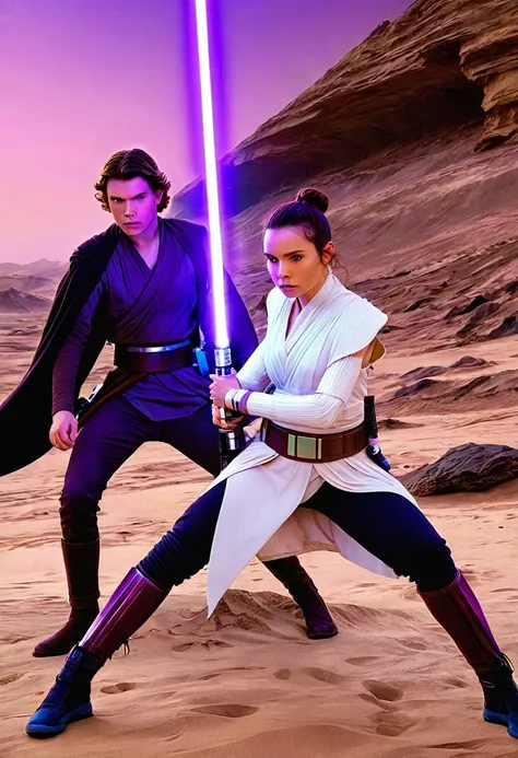 star wars a young man jedi with two lightsabers one purple and one white lightsaber in a combat against a woman sid on a war planet