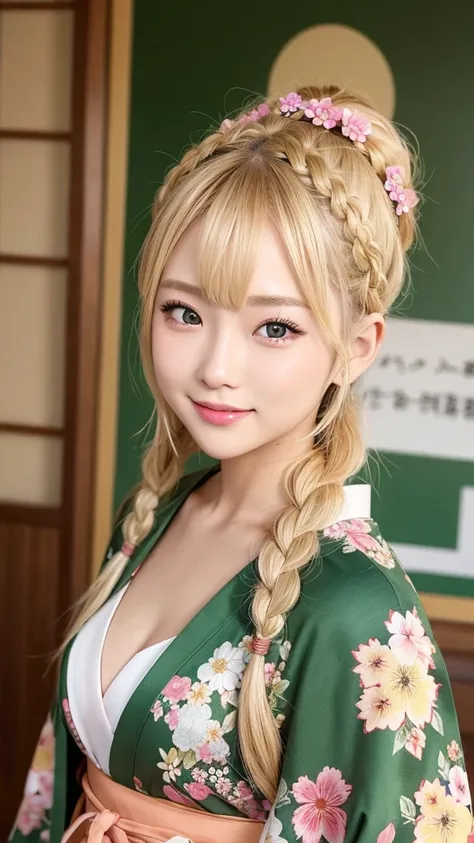 Blonde kimono beauty、Gorgeous floral patterned kimono、My cute girlfriend is a kimono model..、Brown eyes、Beautiful smile、He is short、Braiding、hair ornaments、Colorful and showy kimono、whole body、Right facing