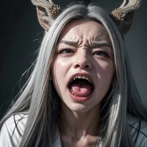 Woman, long gray hair, deer horns, sharp teeth, white eyes, angry face, screaming