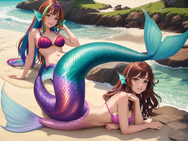 masterpiece, best quality:1.2), 1girl, smile, looking at viewer, green eyes, short brown multicolored hair, mermaid, mermaid girl, wearing purple seashell bra, laying on belly on beach, colorful mermaid tail, outdoors, head fins, fin ears