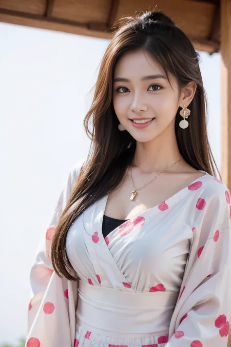 Highest quality,8K, Detailed facial depiction, Detailed description of the eyes,One Woman, Light brown hair(Medium-long hair),Beautiful Japanese Girl,24-years-old,Cute eyes,Cute Smile,Yukata beauty,A yukata with large polka dots on a white background,Slend...