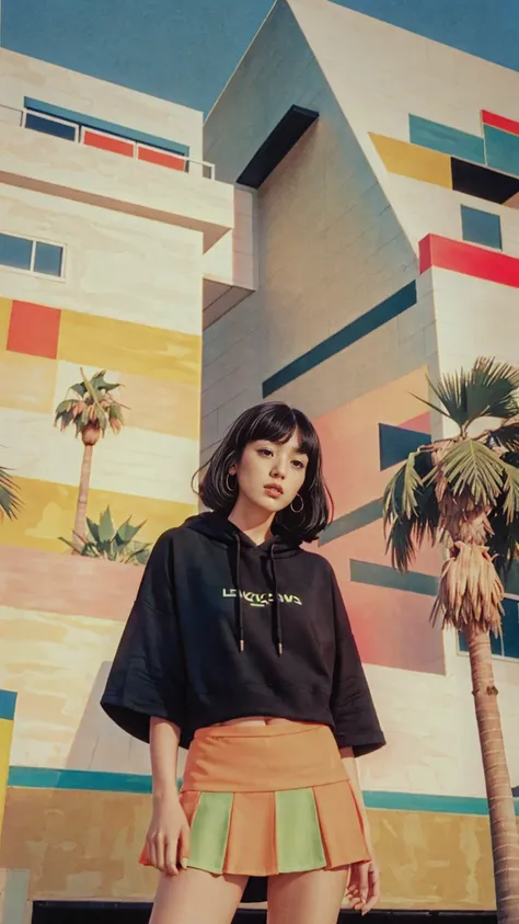 1 girl, beautiful, black bob hair, almond eye, no makeup, (blank green neon oversized_untucked hoodie), peach tennis skirt,elegant pose in front of ((80s mondrian architecture colorful motel)),(from below:1.2), (realistic:1.1), (surreal:1.2), (very detaile...