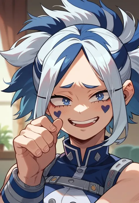 Screenshot of My Hero Academia, a girl with short ice-white hair with a dark blue streak, with sapphire blue eyes and purple spots with a tender and happy look wearing the boku no hero academia style UA 
