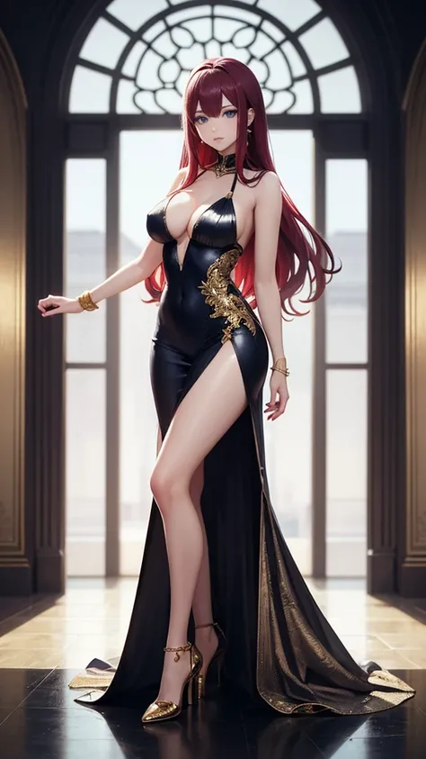 "NSFW An anime girl with blue eyes and long red hair. The artwork must be of the best quality, high resolution, and vibrant colors. Must be full body style, with soft lighting illuminating the scene, front viewer eyes, dress detailed with gold, high heels ...