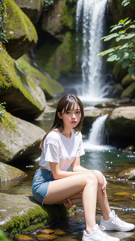 Realistic beautiful girl full body in white t-shirt and jeans mini skirt near a waterfall