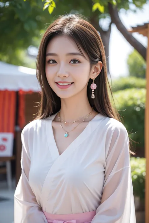 Highest quality,8K, Detailed facial depiction, Detailed description of the eyes,One Woman, Light brown hair(Medium-long hair),Beautiful Japanese Girl,24-years-old,Cute eyes,Cute Smile,Yukata beauty,A yukata with large polka dots on a white background,Slend...