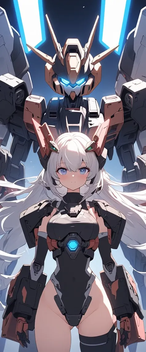 (((masterpiece))), 1girl, solo, white hair, long hair, Blue eyes, science fiction, ((Solo)), (mecha musume:1.5), (giant girl), mechanical parts, headgear, ((mechanical Black Armor)), (((neon light Blue))), Anime style