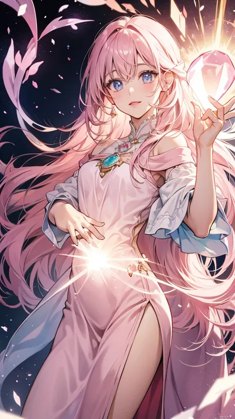 Light pink，gem，magic, Shining eyes，Long hair