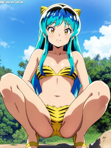 lum,bikini,anime style ecchi, cutesexybutts, Beautiful anime girl squatting, small curvy, Beautiful, leaning over,