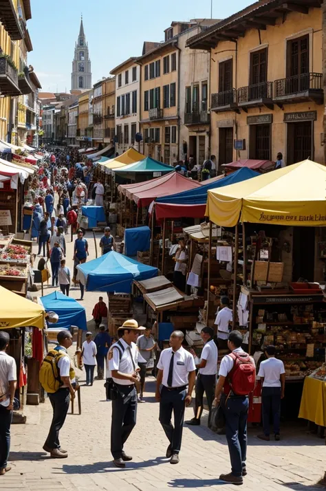 The explorers talk with an economist in a square full of markets and local businesses.
