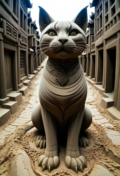 sand sculpture style, the nine-life cat demon moves lightly through the ancient alleys，every tail hides a secret，tenacious vital...