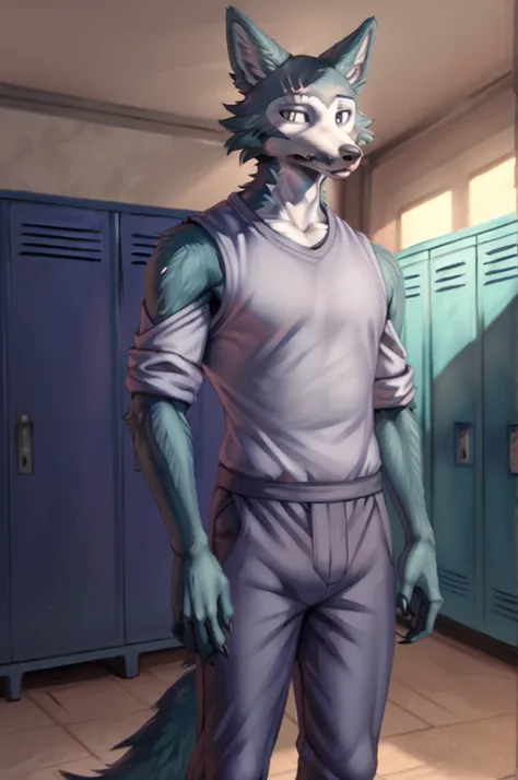 (by personalami, by hioshiru, by zackary911, by by null-ghost), male, wolf, solo, legoshi (beastars), locker room, standing, clo...