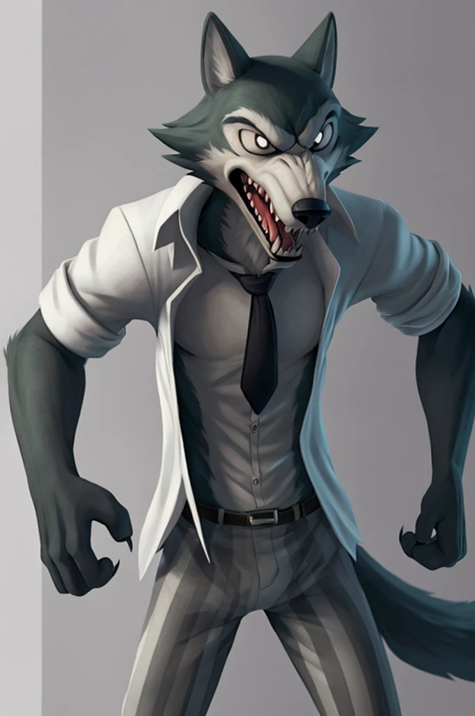 best quality, masterpiece:1), furry male anthro legoshi wolf, solo, standing, bare chest, body fur, white dress shirt, open shir...