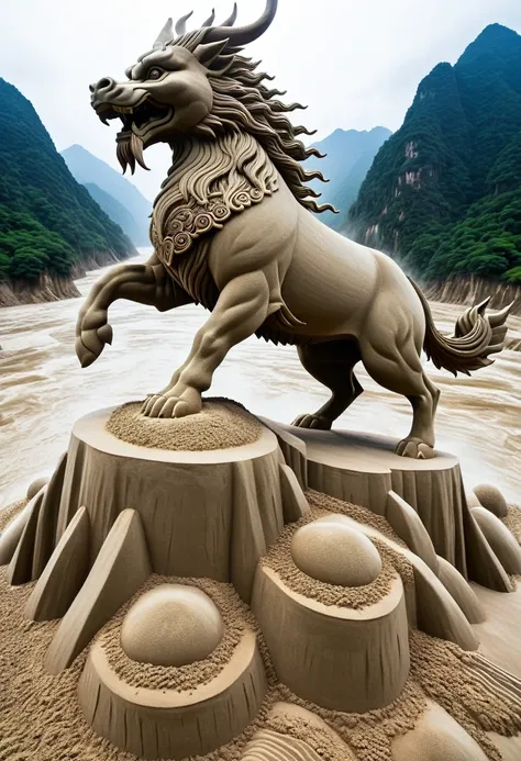 sand sculpture style, eight-legged qilin stepping on auspicious clouds，cruise among the mountains and rivers，every step you take...