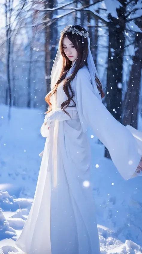 long hair girl and white dress walking in snow, long hair girl, the sharp gaze of the yuki-onna, beautiful anime style, beautifu...