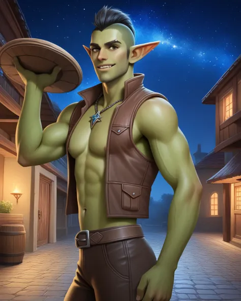 score_9, score_8_up, score_7_up, intricately detailed, fantasy setting, 
1boy(goblin rogue:2, green skin, black mohawk, handsome, slender, bare chest, open vest, piercings, simple leather necklace with simple arrowhead pendant, looking at the viewer, frien...