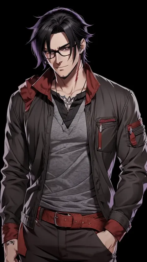 a man, medium long black hair, wearing glasses, scars on his face,  purple eyes, red bandana on his neck, grey shirt, casual jac...