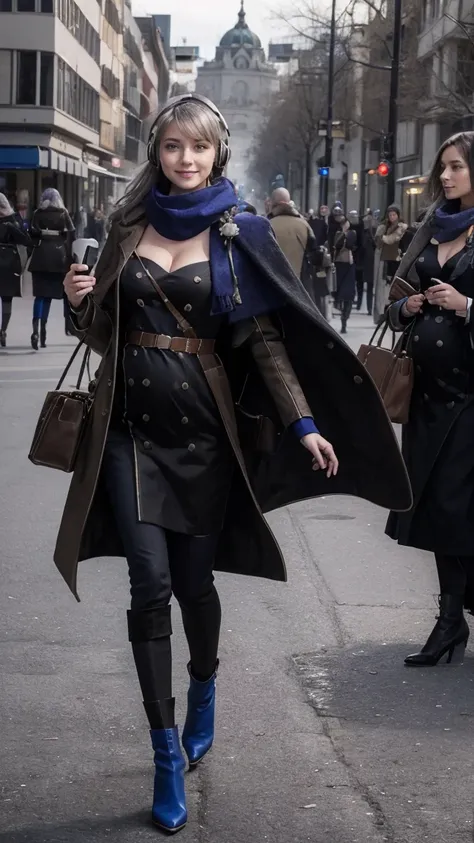 masterpiece, best quality, 1girl,  HD, 4K, solo, Bkornblume, headphones, solo, blue scarfs, coat, pussy, opened clothing, pregnancy, pregnant, exhibitionism, headache, black dress, black gloves, grey hair, holding gun, black coat dress, long sleeves, glove...