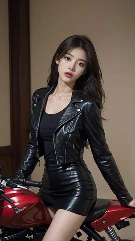 araffe woman in black tight leather dress sitting on a red motorcycle, korean womens fashion model, korean girl, leather seductive clothes, by Yang J, dressed in biker tiny leather, she wears leather long jacket, leather tight clothing, leather, black leat...