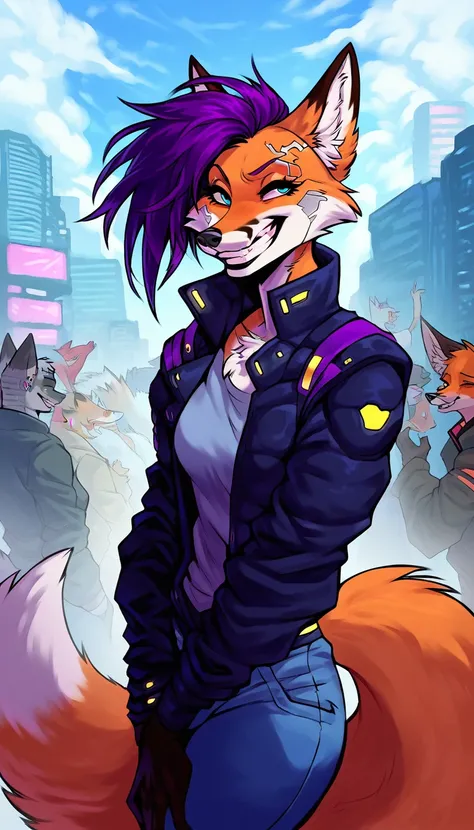 score_9, score_8_up, score_7_up, cyberpunk city, downtown ally, midnight, crowd on background, cloudy, happy, joyful, ,

((fox:1.2), anthro, female, colorfull fur, short punk haircut, beautiful, wearing a cyberpunk-style outfit, joyful, grin)