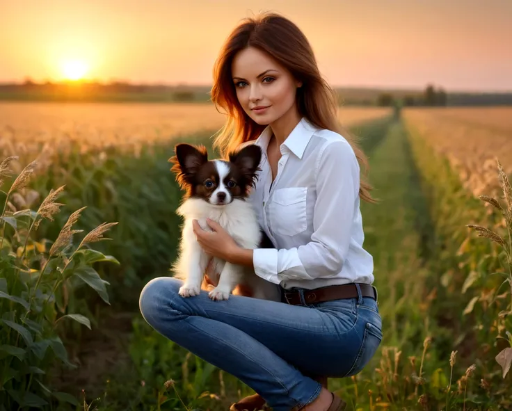 SLR, masterpieces, Real, Photography, Portrait of beautiful woman with her cute papillon puppy dog in the field at sunset, wearing white shirt and jeans, photo realistic