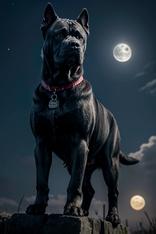 giant cane corso, on four legs sideways, brawny, bravo, ears pricked, the moonlight