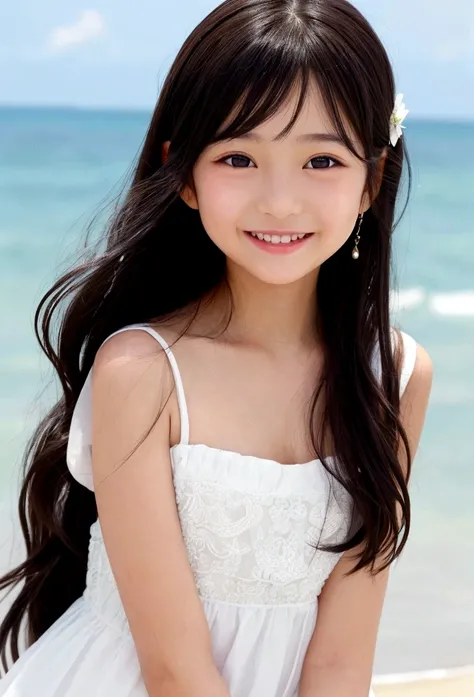 highest quality、realistic、Japanese、girl、cute、smile、long hair、、black hair、white dress、Ocean、brown eyes、smile、exposed forehead、12 years old