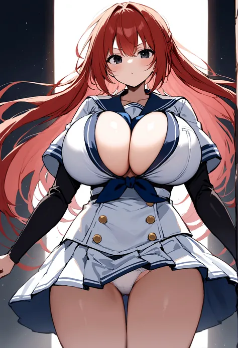 My name is Hikaru, I am a white test woman with long red hair and black eyes. I am 1.60 cm tall and weigh 46 kg. My breast sizes are 300 cm, my waist is 60 cm and my hips are 200 cm. Dressed in a white short-sleeved sailor uniform shirt and a navy blue min...