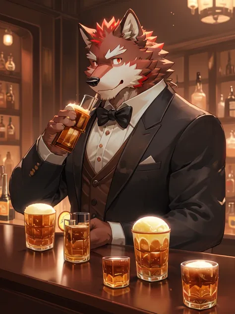 Best quality, diederich olsen (/knights college/), wolf, kemono, nj5furry, Red Fur, Red eyes, Medium Muscular Body, Solo, A charming bartender, elegant Pose, suit, Fierce eyes, Smille, a dimly lit bar, (meticulously garnishing aged whisky in highball glass...