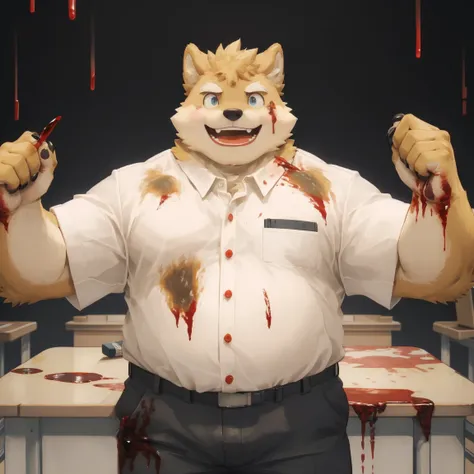 masterpiece, best quality, 8k resolution, Very detailed, hairy，Shiba Inu，(Black hair)，(((golden fur)))，(((Blood red eyes)))，Chubby，Chubby face，(((White shirt)))，(((Loose shirt)))，((Black pants))，(((For the audience)))，Highest quality scene，(((Solitary)))，(...