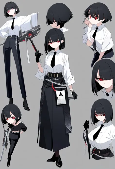 One woman,Dynamic,whole body,Are standing,mysterious,Concept Art,Character Design,Jet black straight hair,The bangs are trimmed to accentuate the eyes.,Well-proportioned face,Sharp Eyes,White shirt,Black tie,Black slacks,Silver cufflinks on the left hand,O...