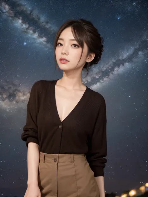 (One woman), hair up, short bob, 28 years old, Japanese, brown eyes, brown hair, slim figure, flat chest, Summer casual outfit
Blake
Look up at the stars at night. The tiny lights of the little stars are twinkling and twinkling.
