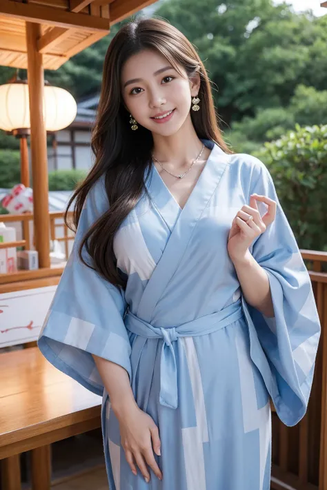 Highest quality,8K, Detailed facial depiction, Detailed description of the eyes,One Woman, Light brown hair(Medium-long hair),Beautiful Japanese Girl,24-years-old,Cute eyes,Cute Smile,Yukata beauty,Navy blue gingham check yukata,Slender body, Large, plump ...