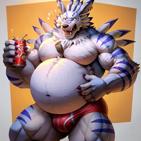 solo, weregarurumon, muscular, muscle gut, round belly, hyper belly, belly expanding bigger and bigger like a balloon, shirtless, briefs, shocked, holding a can of soda, bubbles, datascape