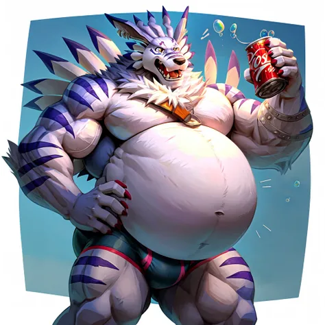 solo, weregarurumon, muscular, muscle gut, round belly, hyper belly, belly expanding bigger and bigger like a balloon, shirtless, briefs, shocked, holding a can of soda, bubbles, datascape