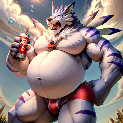 solo, weregarurumon, muscular, muscle gut, round belly, hyper belly, belly expanding bigger and bigger like a balloon, shirtless, briefs, shocked, holding a can of soda, bubbles, datascape