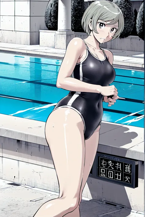 Blue school swimsuit、(masterpiece、Highest quality)、Highest quality, Ultra-high resolution, (((masterpiece))), alone, Sweat、Big eyes, Composition from the front、Shortcuts、Embarrassed face、Blonde、Cut your hair short、School swimming pool、short hair、Pussy Line...