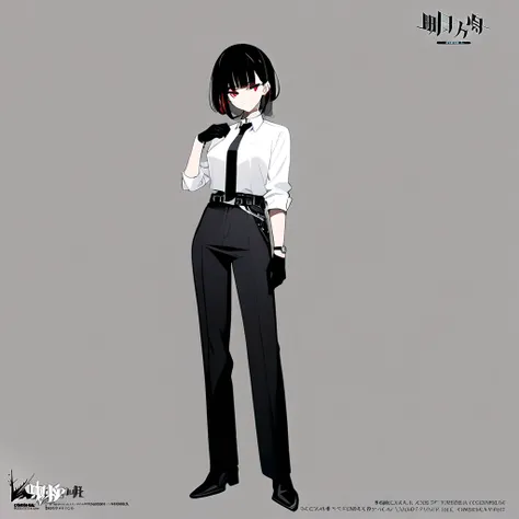 One woman,Dynamic,whole body,Are standing,mysterious,Concept Art,Character Design,Jet black straight hair,The bangs are trimmed to accentuate the eyes.,Well-proportioned face,Sharp Eyes,White shirt,Black tie,Black slacks,Silver cufflinks on the left hand,O...